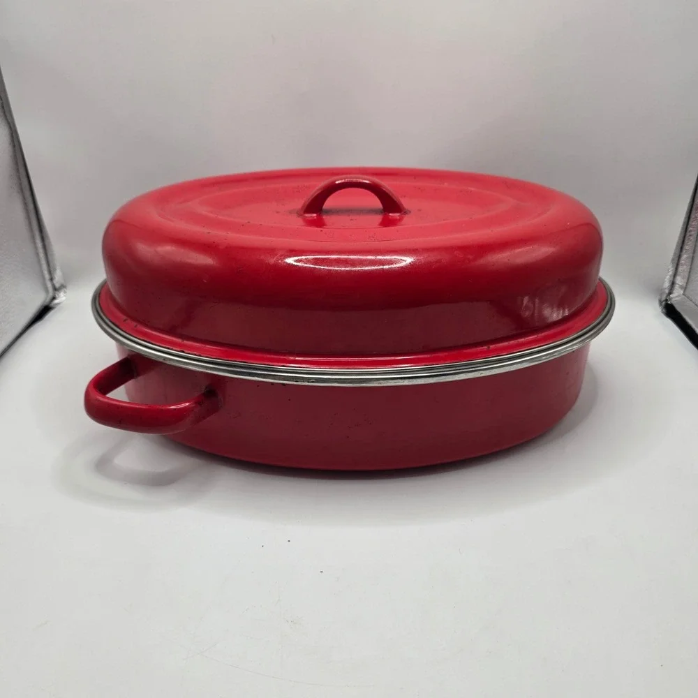 Vintage Red Enamel Roasting Pan Oval Lid Farmhouse Rustic Decor Primitive Roast